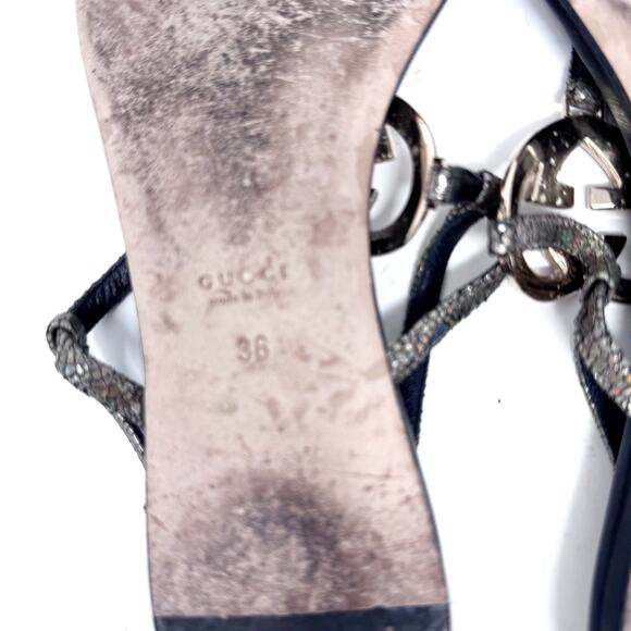 GUCCI GG Black Silver Logo Monogram Ellesmere Heart Designer Vintage Sandals 36 - Picture 7 of 10